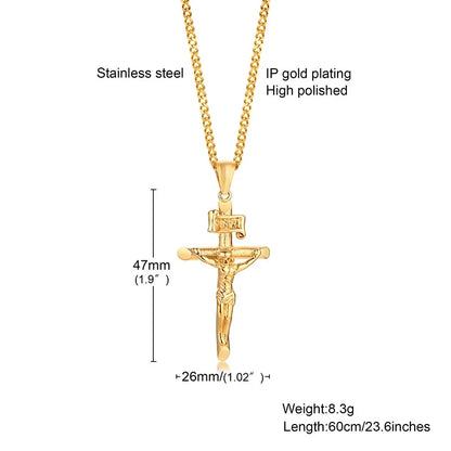 Stainless Steel Cross Necklace Catholicism Jesus Pendant Gold Color Collar Church Prayer Faith Jewelry for Men Women Gift