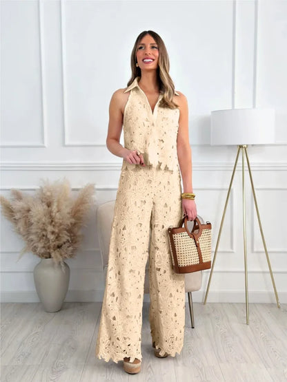 Fashion Lace Embroidered Cardigan Vest Tops + Wide-leg Trousers 2-piece Summer New Chic Elegant Women OfficeLong Pants Suit 2025