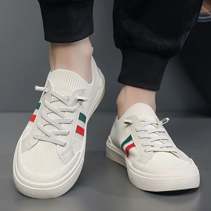 Fashionable Striped Sports Shoes with Breathable and Soft Soles, Summer Breathable Mesh Fabric, White Casual Shoes, Flat Bottom