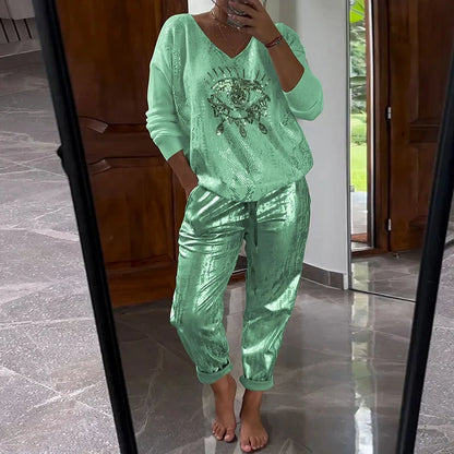 Women's Gold Shining Eye 2 Piece Set Long-Sleeved Top V-Neck Pullover Bronzing Pants Outfit Lace-up Loose Suit Spring Summer
