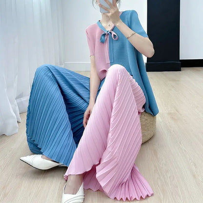 Blouse Pants Suit Women Summer Youthful Pleated Tie-front Delicate Short-sleeved T-shirt Wide-leg Pants New Comfortable Casual