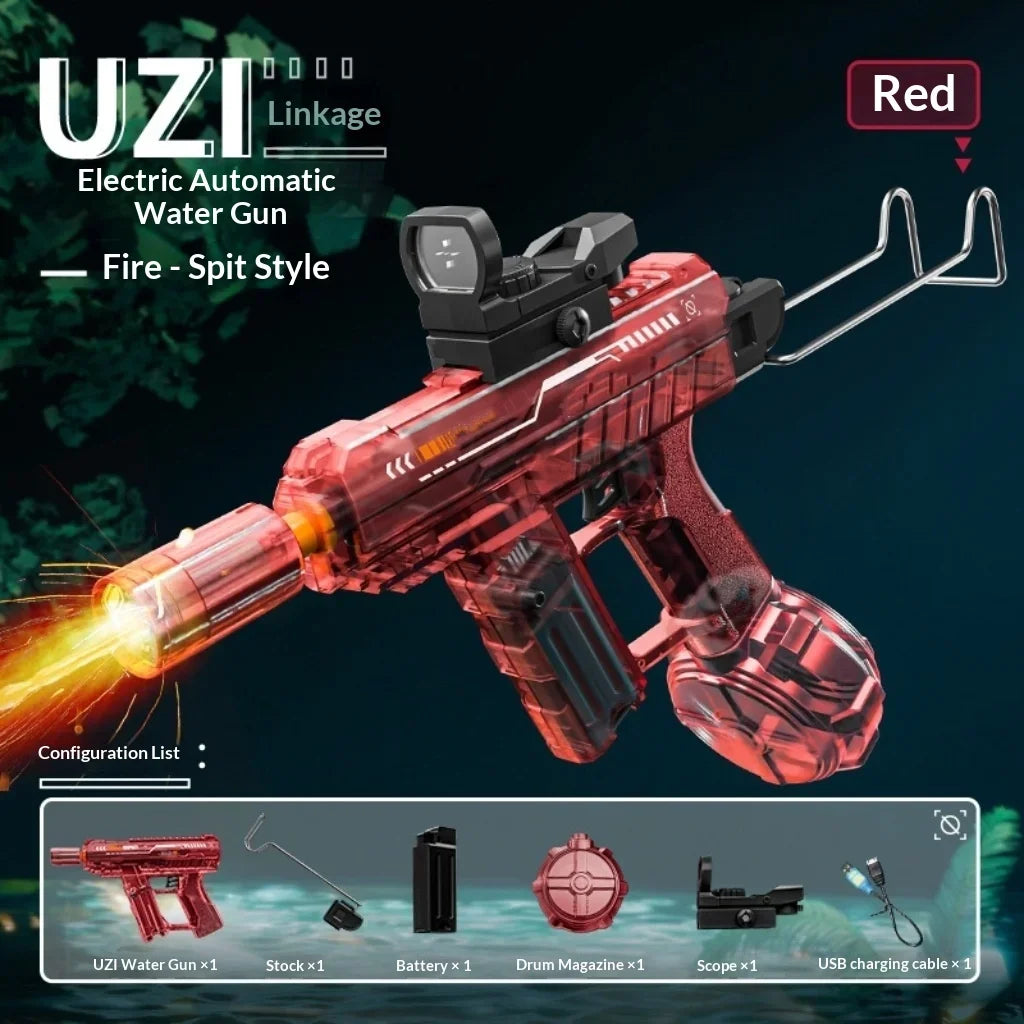 UZI Electric Water Gun with Lights Cool Electric Continuous Firing and Reloading Summer Water Play Kid’s Adult Toy Water Gun