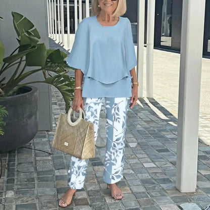 Summer Fashion New 2 piece Sets Women o-neck Sleeve print Pants Suits Casual Loose Irregular Top Wide Leg Pant two piece Set