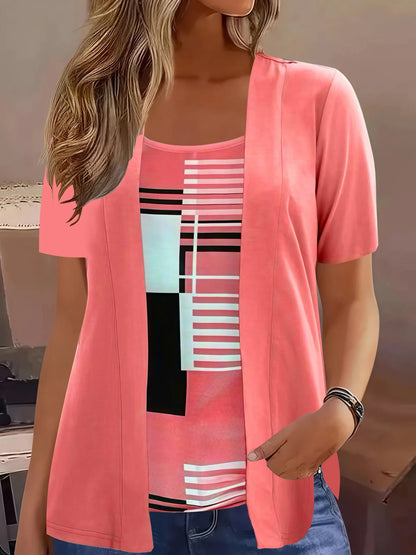 Elegant Geometric Print Mock Two-Piece T-Shirt | Plus Size Womens Summer Casual Top | Fashion Patchwork Design