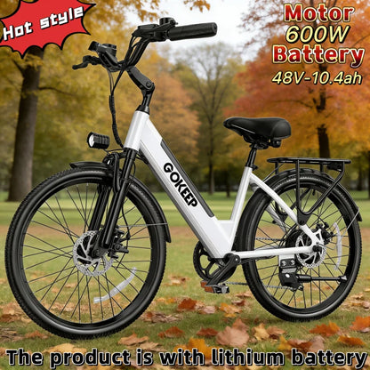 26-inch fashionable E-Bike, 7-speed variable speed adult electric bicycle, 600W brushless motor 48V-10.4ah battery electric mope