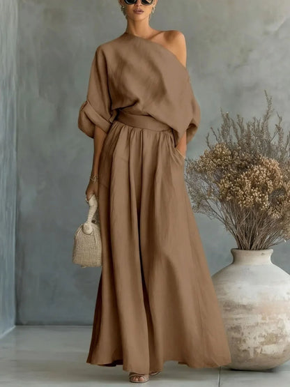 Pant Set Women Elegant Two Piece Sets Skew Collar Half Sleeve Shirt Wide Leg Long Pants Tight Waist Y2k Streetwear Work 2026