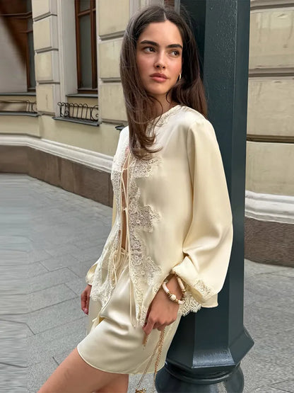 Elegant Women O Neck Long Sleeve Lace Up Shirt Chic Lace Patchwork Satin Blouse Shorts Set 2026 Summer Chic 2 Pcs Outfits Street
