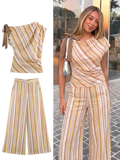 HH Women Summer Elegant Striped 2 Piece Outfit One Shoulder Top Wide Leg Pants For Dinner Date Party Vacation Holiday Wear