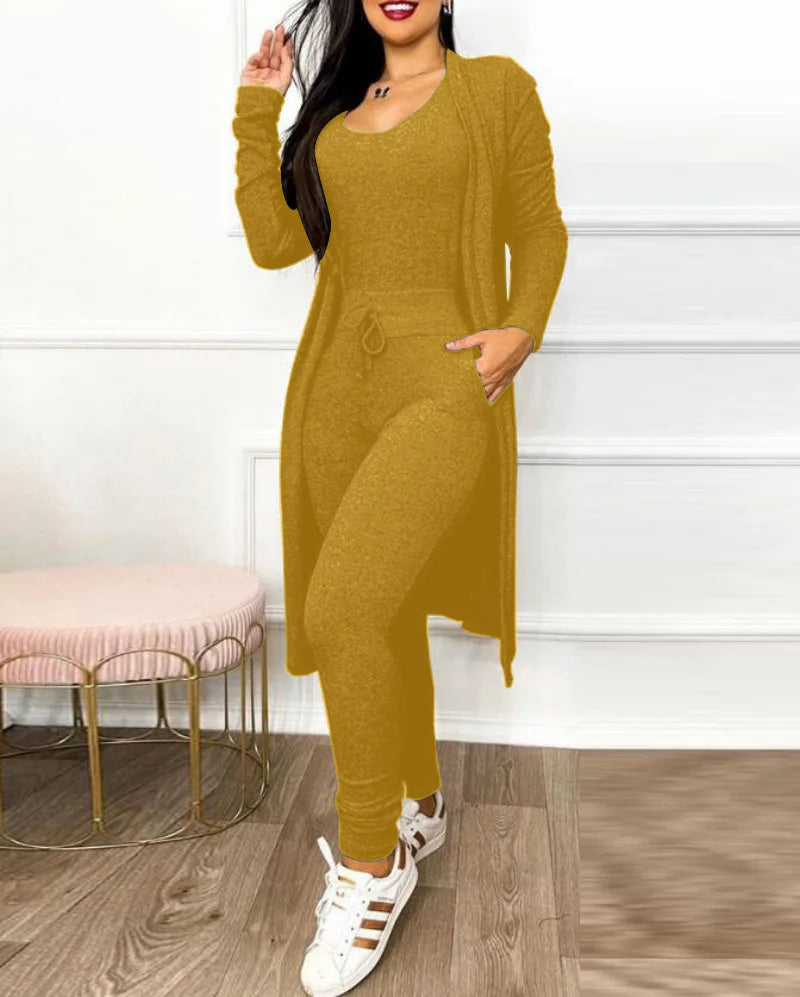 2026 Jumpsuit & Coat Set Autumn Women Drawstring Pocket Pants Sets One Piece Y2k Long Jumpsuit High Waist Coats Two Piece Sets