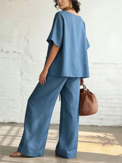 2026 Casual Cotton Loose Pants Sets Women Summer Fashion Short Sleeve V-neck Tops And Wide Leg Pant 2 Piece Set Woman Outfits