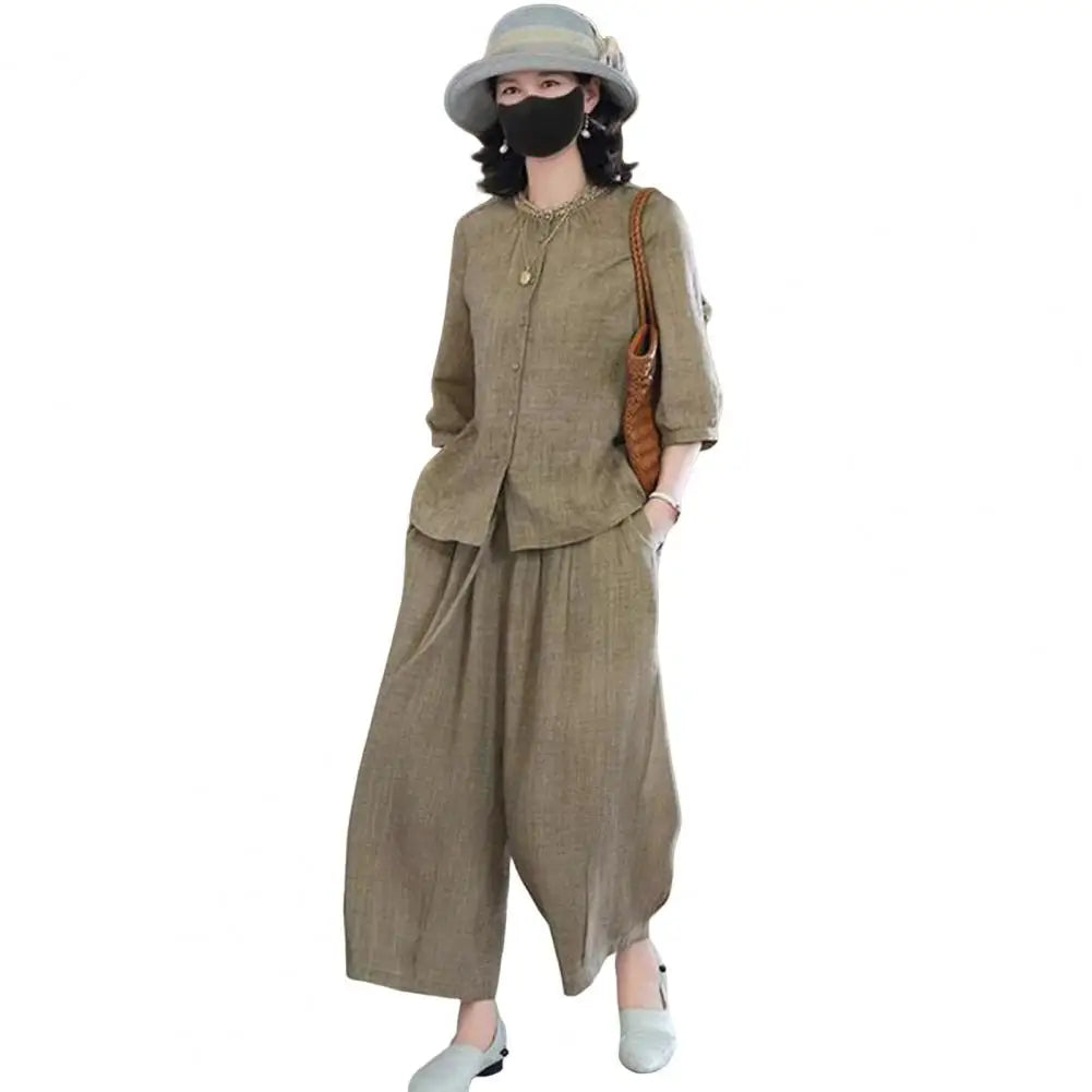 2026 Plus Size Casual Suit Women 2 Piece Cotton Linen Sets, Button Down Short Sleeve Top And Wide Leg Pants Casual Loose Lounge