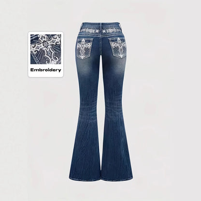2026Trendy Y2K Style Flare Jeans for Women Dark Wash Skinny Fit with Rhinestone Embroidery Pocket Streetwear Casual Denim