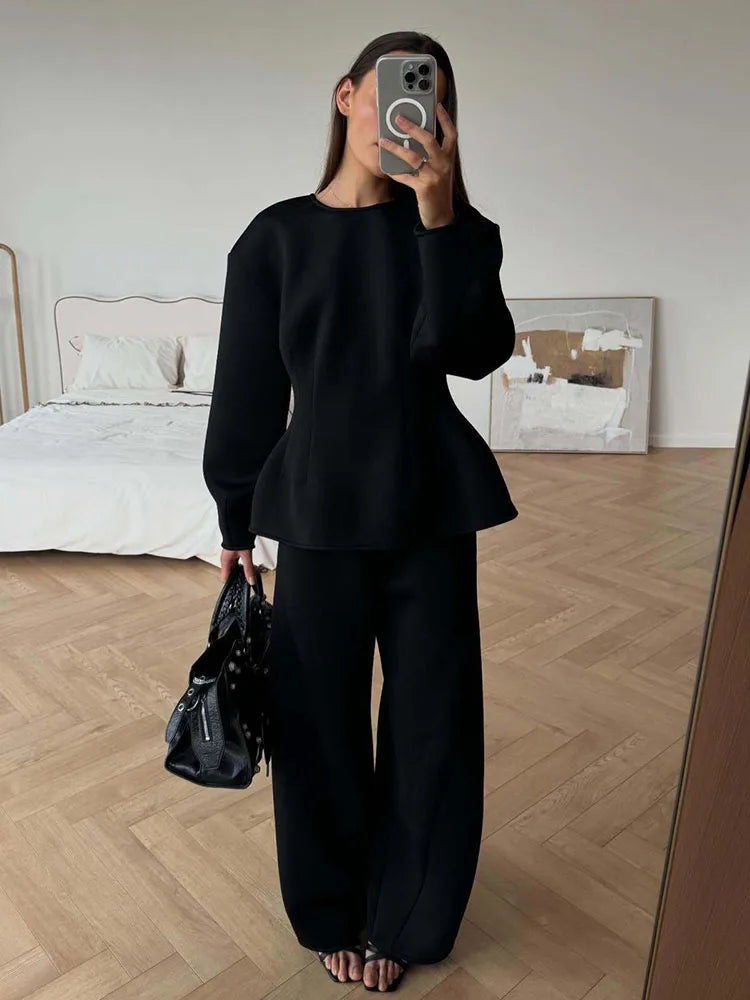 BJTZ 2026 Spring Autumn Women Solid Crew Neck Long Sleeve Top Wide Leg Pants 2 Piece Set Casual Tracksuit Outfits