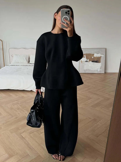 BJTZ 2026 Spring Autumn Women Solid Crew Neck Long Sleeve Top Wide Leg Pants 2 Piece Set Casual Tracksuit Outfits
