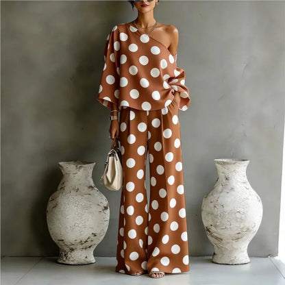 Bohemian Fashion Polka Dot Print Two-piece Set Woman's Foreign Style Slant Collar Top+wide Leg Pants Suit Lady Loose Fit Outfit