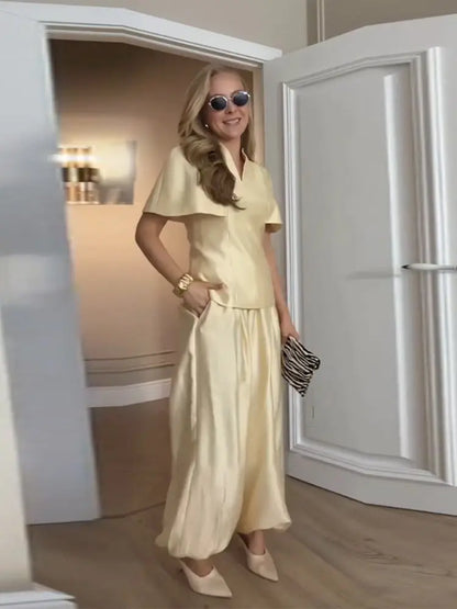 Elegant Women's Top Pant Sets Summer V-neck Short Sleeve Top High Waist Wide Leg Pant Female Suit 2026 Fashion Lady Suits