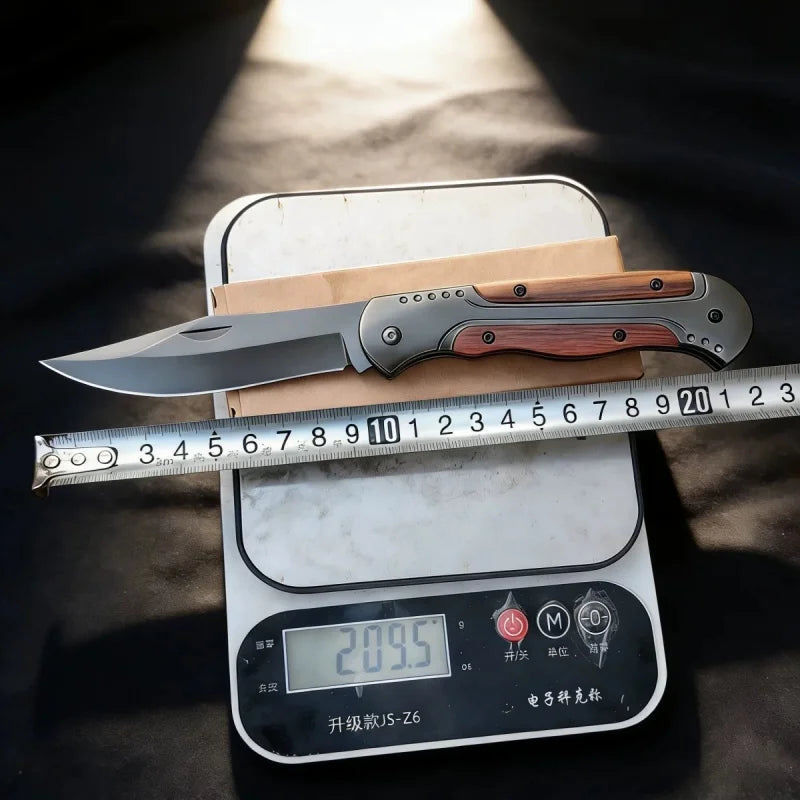 Lightweight Folding Utility Knife with Wooden Inlay, Stainless Steel Blade, Non-locking Design for Camping, Hiking and Outdoor T