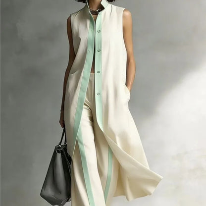 Women's Two-piece Sleeveless Stand-up Collar Vest Cardigan Trousers 2026 Summer New Loose Fashion Casual Contrast Color Suit