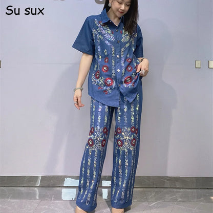 Sequins Flower Pattern Denim Turn Down Collar Short Sleeve T Shirt 2 Piece Set Woman Jeans Straight Leg Pant Set 2026 Summer