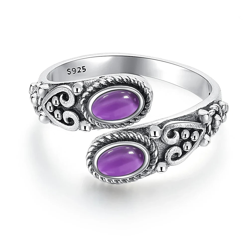 925 Vintage Silver Ring with Natural Moonstone 6*8mm Adjustable Rings Flower Bohemia Style Fine Jewelry for Women