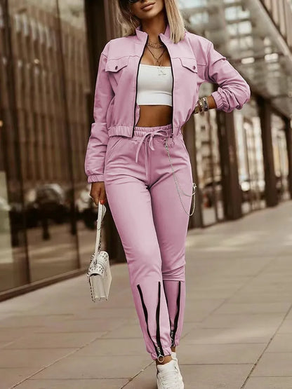 Autumn Women's New Zipper Short Long Sleeve Suit Solid Color Fashion Lace Up Casual Sports Small Foot Pants Female 2 Piece Set