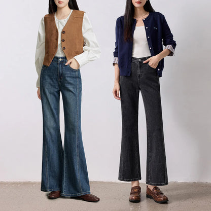 TOYOUTH Women's Glazed Blue Deconstructed Splicing Stretch Cotton Jeans 2026 Autumn New Slim Fit Flared Chic Denim Trousers
