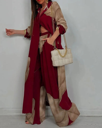 Elegant Lady Set Printed Long Shirt Top Wide Leg Pants 2-piece Outfit Casual Loose Oversized Women Sets Casual Two-piece Outfit