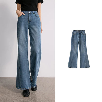 TOYOUTH Women's Glazed Blue Deconstructed Splicing Stretch Cotton Jeans 2026 Autumn New Slim Fit Flared Chic Denim Trousers