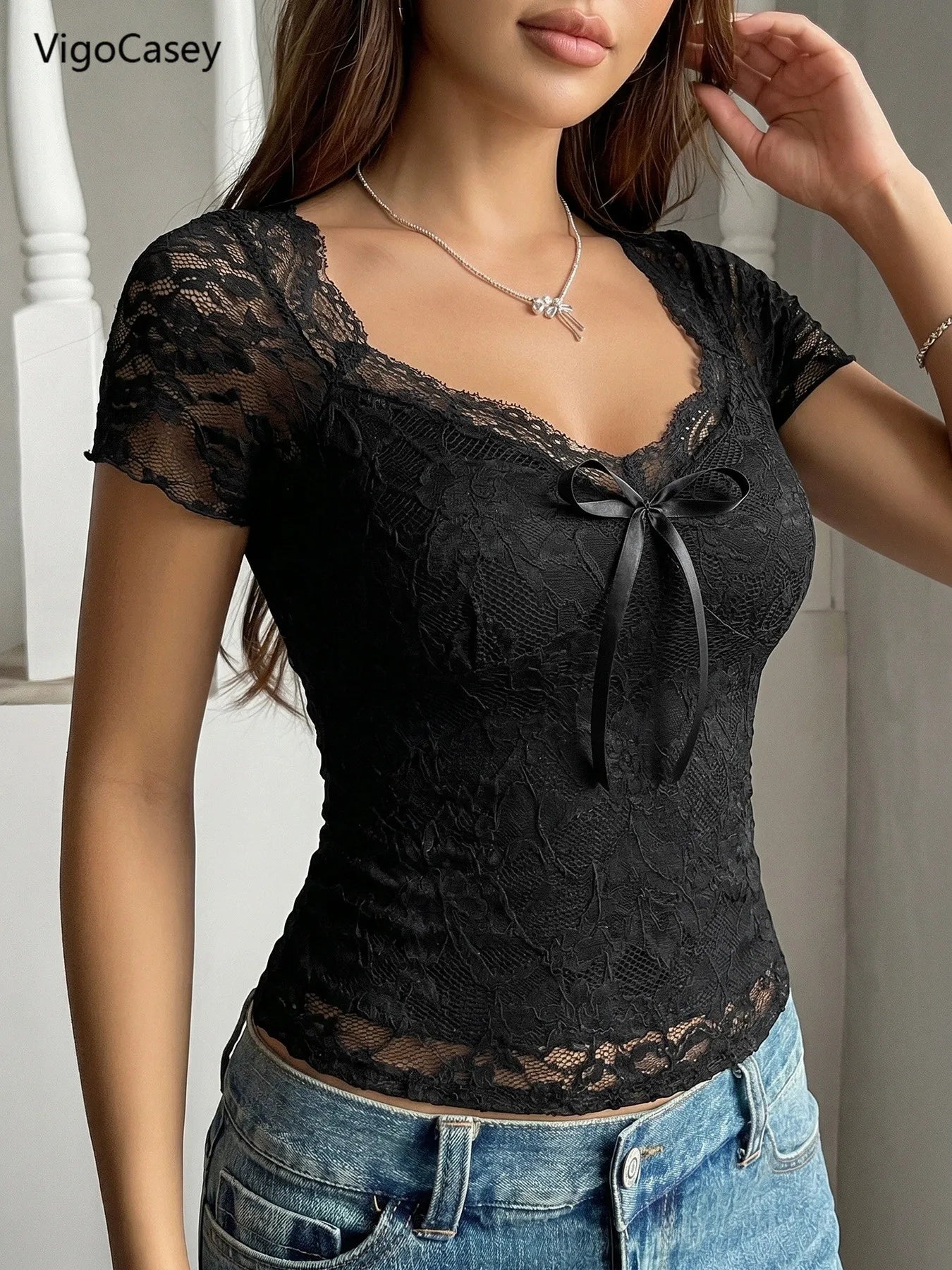 VigoCasey Lady Black Lace T-shirt Women 2026 Summer Sexy Tight Short Sleeve Crop Top Female Elegant Square Collar Tied Club Tops