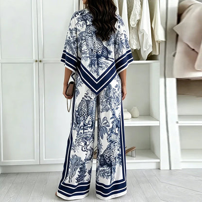 Vintage Printed Shirt High Waist Wide Leg Pants Suit Women Casual Two Piece Set Irregular 3/4 Length Shirt Trousers Holiday Sets