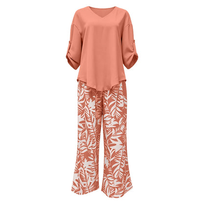 Women Solid V Neck Long Sleeve Digital Print Pants Two Piece Set Casual Stylish Matching Outfit for Daily Outdoor Lounge Wear