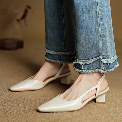 2025 Summer Women Sandals Genuine Leather Women Shoes Cover Toe Slingback Shoes Pointed Toe Med Heel Concise Designer Sandals