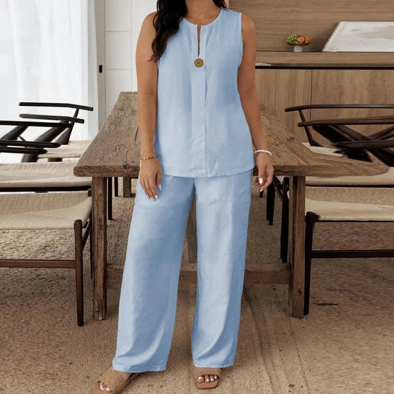Summer O Neck Button Vest Shirt Wide Leg Pants Suit Women Casual Two Piece Set Solid Color Comfortable Holiday Outfits White