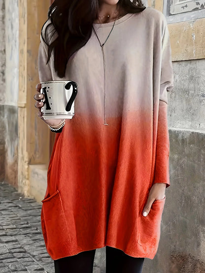 Fall/Winter New Fashionable Elegant Gradient Print Casual Crew Neck Pocket Plus Size Women's Long T-Shirt Top