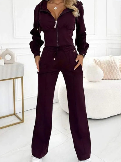 Autumn Casual Solid Sportswear Women Set Fashion Zipper Hooded Sweatshirts Coat & Lace-up Pants Tracksuit New Winter Suit