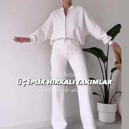 Fashion Women's Suit Zipper Trousers Round Neck Sweatshirt Wide Leg Trousers 2 Piece Set Conjuntos De Pantalón Fall Clothes 2025