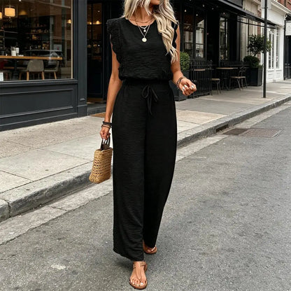 Crew Neck Top And Wide Leg Pants Set Fashionable Womens Summer Lounge Set Street Style Matching Outfit Relaxed Fit Vacation Suit