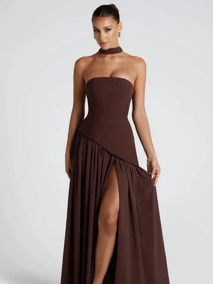 Solid Spliced Ribbon Maxi Dress Women Elegant Strapless Sleeveless Slit Long Dresses 2025 New Summer Holiday Party Lady Vestidos
