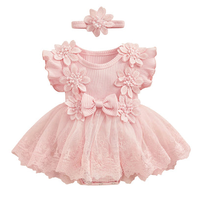 3D Flower Summer Baby Girls Romper Princess Mesh Newborn Clothes Lace Patchwork Ruffle Bodysuit Dress Headband Kids Clothing