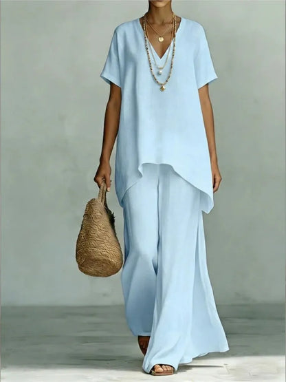 Fashion Loose Cotton Linen Short-sleeved Trousers 2 Piece Set Women Summer New Casual V-neck Retro Female Wide-leg Trousers Suit