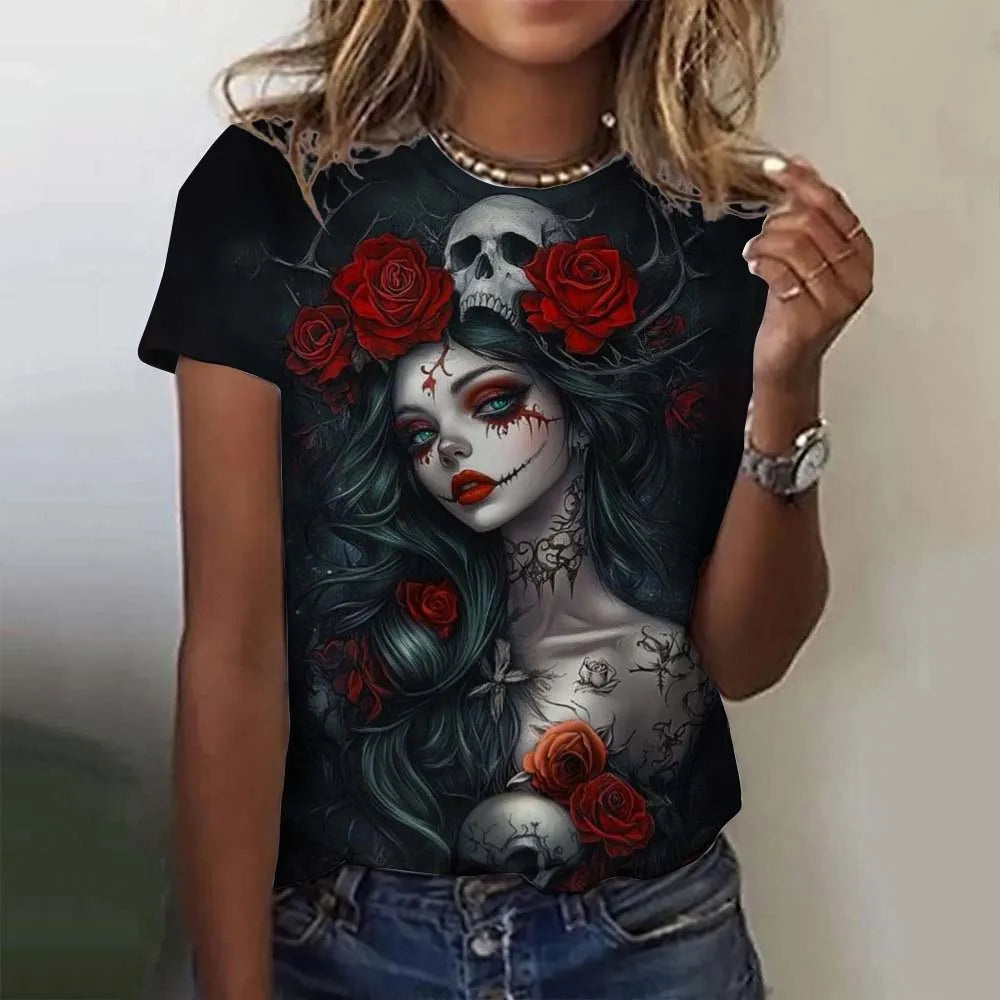Fashion Women's T-shirt for Girls Summer Short Sleeve Sexy Girls Clothes Day of the Dead Undead Skull Pattern oversized T-shirts