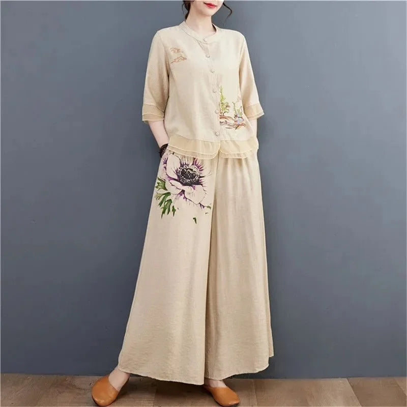 Ethnic style Pant Suit Women's Ramie Upper Garment Summer Cotton Linen Cardigan Embroidery Mother's Loose Two-Piece Set Female