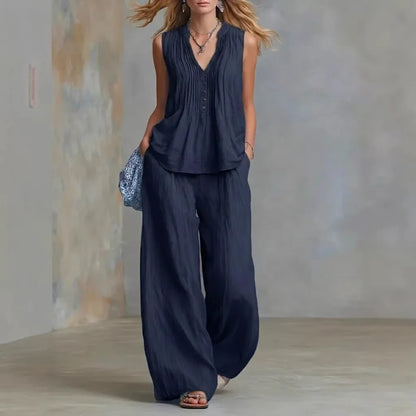 Women's Pullover Blouse And Pants Two-piece Set Women's V-Neck Vest Top Summer Suit Elastic Waist Trousers Lady Sets Outfit 2026