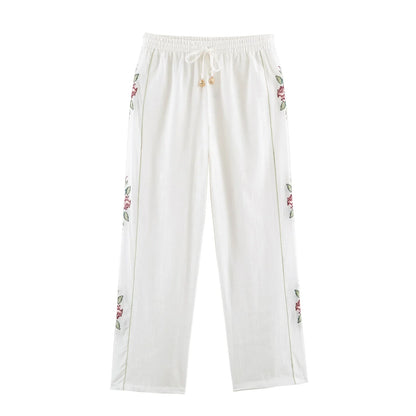 HH Elegant Women's 2026 Floral Embroidered Straight-Leg Pants Spring Autumn Casual Elastic Waist Side Stripe Boho Trousers