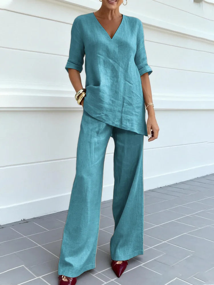 Women's Two-piece Set 2026 Mid-sleeve V-neck Top Straight Pants Spring Summer Women's New Casual Cotton Linen Solid Color Suit