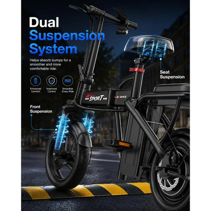 1200W Peak Motor Foldable Electric Bike, 25 MPH 45 Miles Dual Suspension 14" Tires 3 Speed Modes Commuter Ebike Adults , Custom