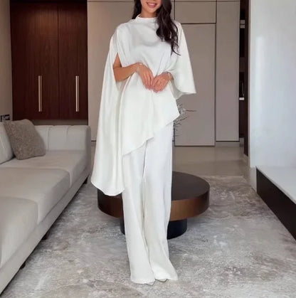 Two Piece Set Women Outfit 2026 Spring Autumn New Solid Color Satin Irregular Hem Shawl Top & High Waist Wide Leg Pants Set