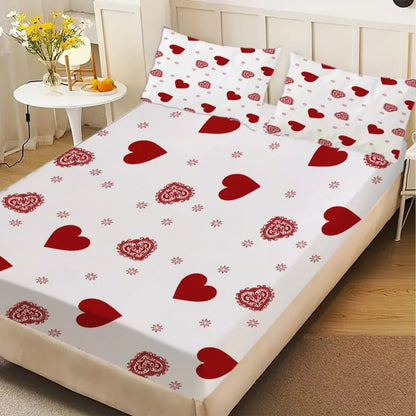 1pc Red Hearts Print Fitted Sheet Deep Pocket Elastic Mattress Cover