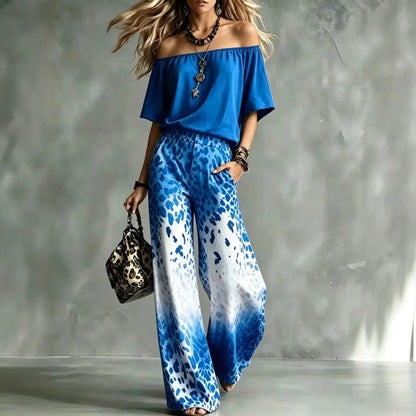 Summer Women Off Shoulder Short Sleeve Top Gradient Leopard Print Wide Leg Pants Two Piece Boho Casual Fashion Matching Suit New