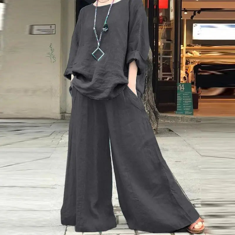 Casual Cotton Linen Set Women's O Neck Long Sleeve Blouses Wide Leg Pants Culottes 2piece Sets Autumn Retro Loose Female Suit